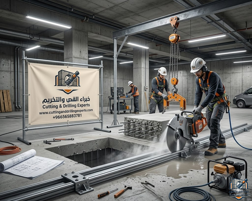فتحات مصاعد خرسانية حي الياسمين بالرياض بدون تكسير باستخدام الكور الماسي لعمل فتحات دقيقة لبئر المصعد داخل المباني والفلل